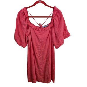 One One Six Coral Linen Blend Square Neck Puff Sleeve Bohemian Dress Size M